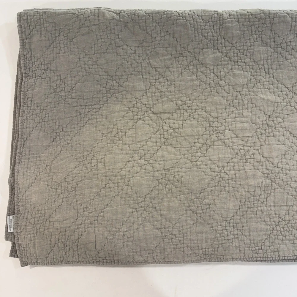 RH Restoration Hardware Linen Cotton Kantha Pick Stitch Quilt King Grey Taupe